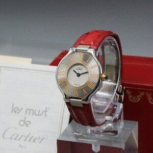 MINT CARTIER RED LEATHER MUST DE LADIES GOLD WATCH WITH FULL BOX
